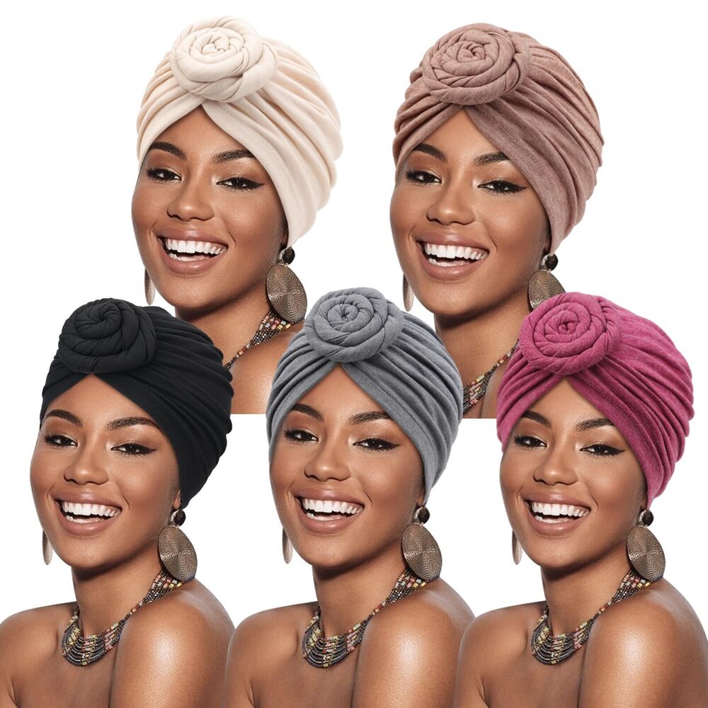 9357 5 Pack Knotted Headwraps African Turban Pre-Knotted Beanie Headwraps